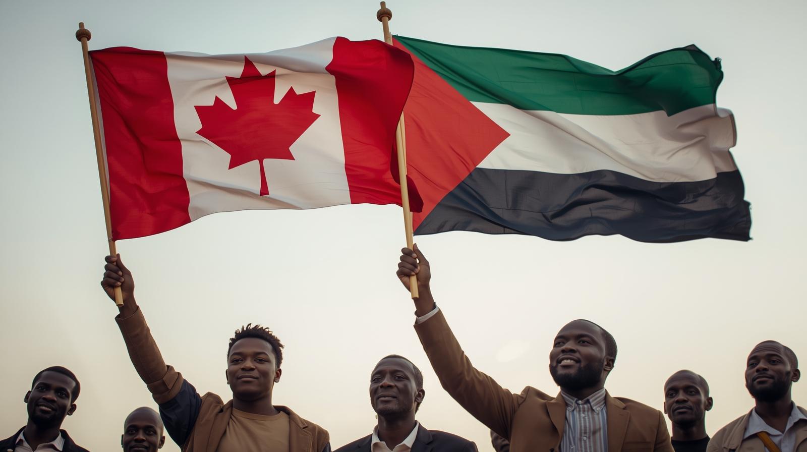 Sudanese People Holding Canadian And Sudanese Flags